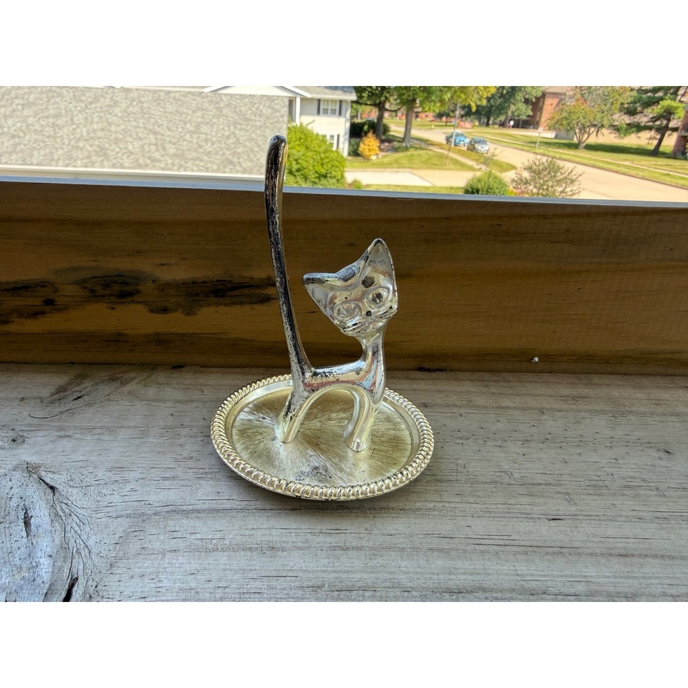 Vintage Silver Tone Long Tail Cat Ring Holder Trinket Dish Tray